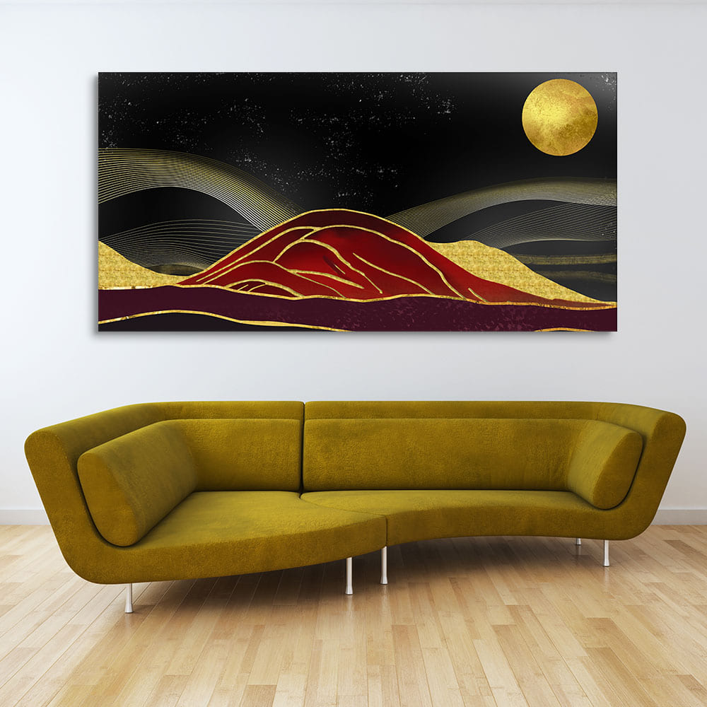 Golden Mountains lines Art with Moon Canvas Wall Painting