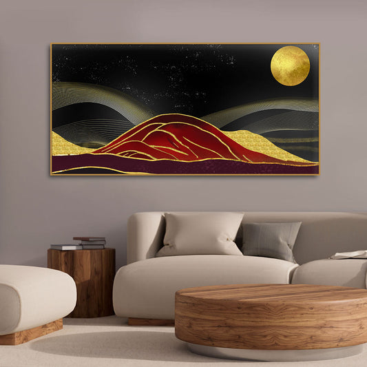 Golden Mountains lines Art with Moon Canvas Wall Painting