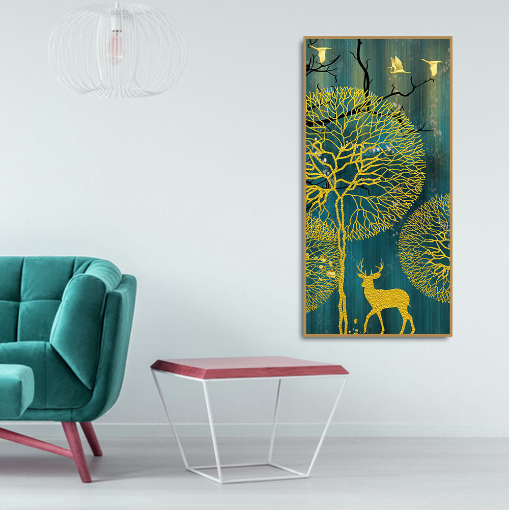 Golden Nightscape with Deer and Golden birds Canvas Wall Painting