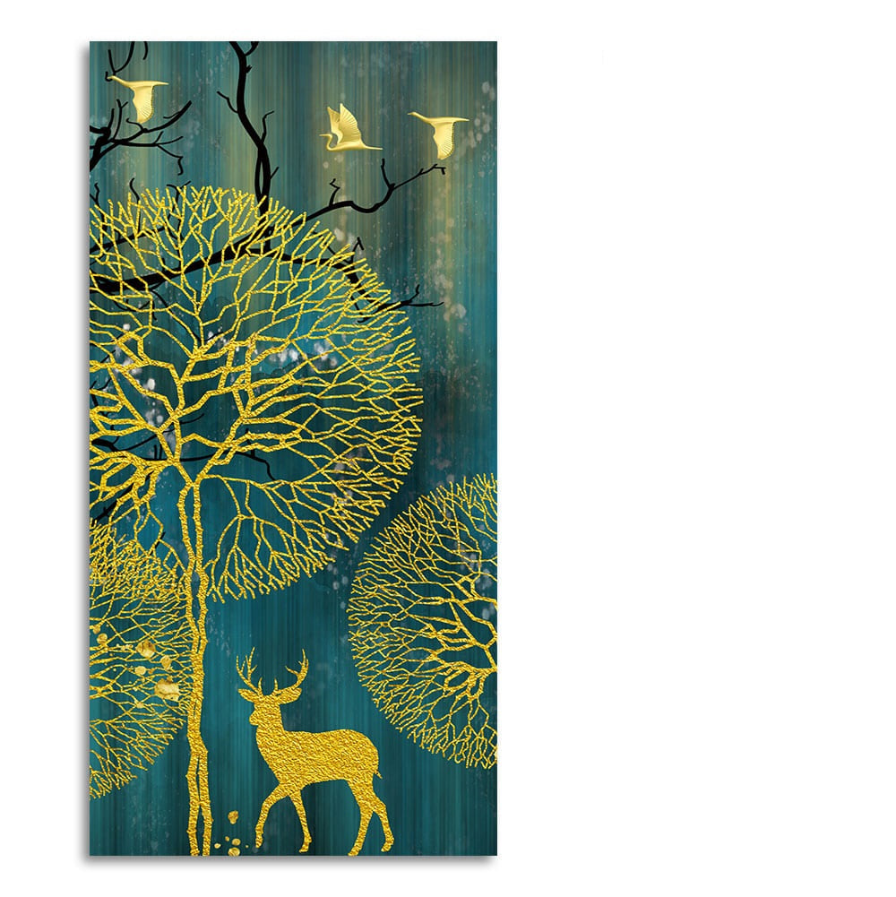 Golden Nightscape with Deer and Golden birds Canvas Wall Painting