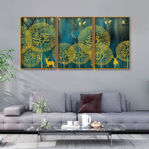 Golden Nightscape with Deer and Golden birds Floating Canvas Wall Painting Set of Three