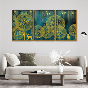 Golden Nightscape with Deer and Golden birds Floating Canvas Wall Painting Set of Three