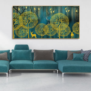 Golden Nightscape with Deers and Golden birds Canvas Wall Painting