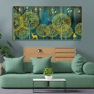 Golden Nightscape with Deers and Golden birds Canvas Wall Painting