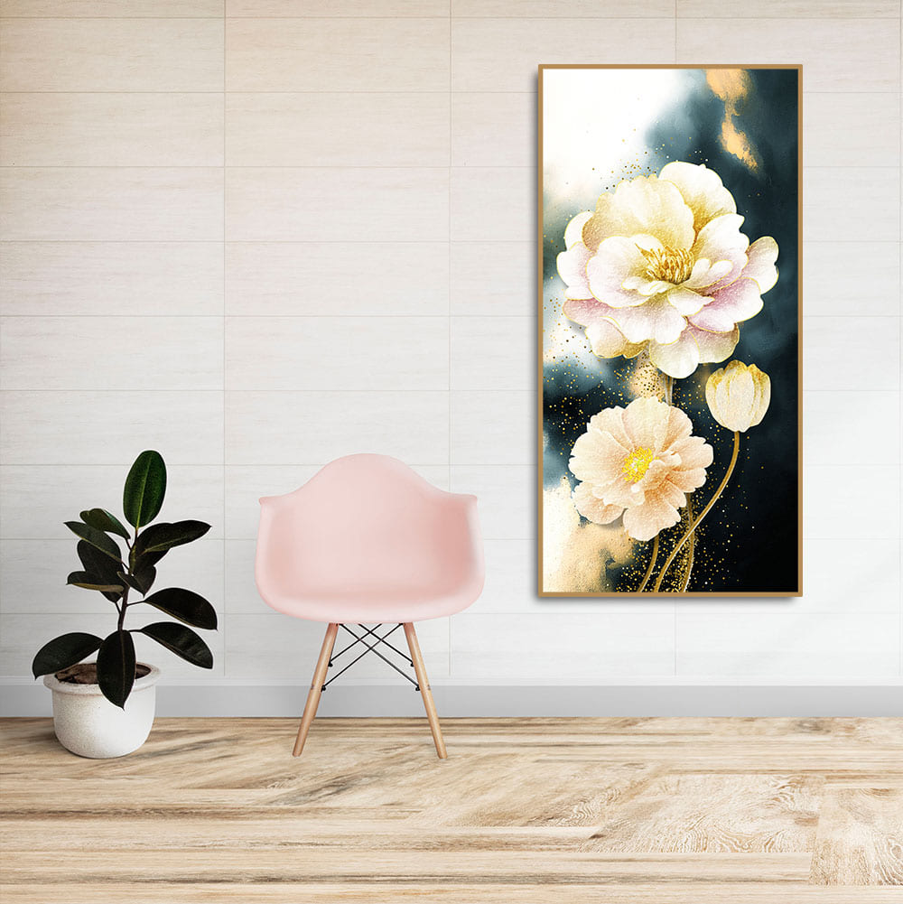 Golden Particles with White Flower Premium Canvas Wall Painting