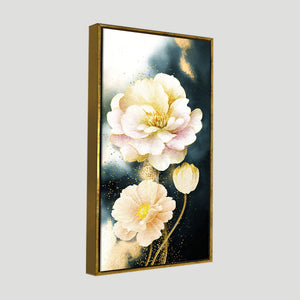 Golden Particles with White Flower Premium Canvas Wall Painting