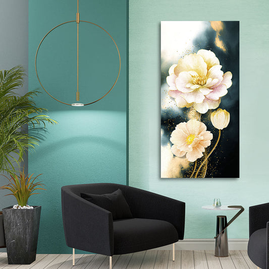 Golden Particles with White Flower Premium Canvas Wall Painting