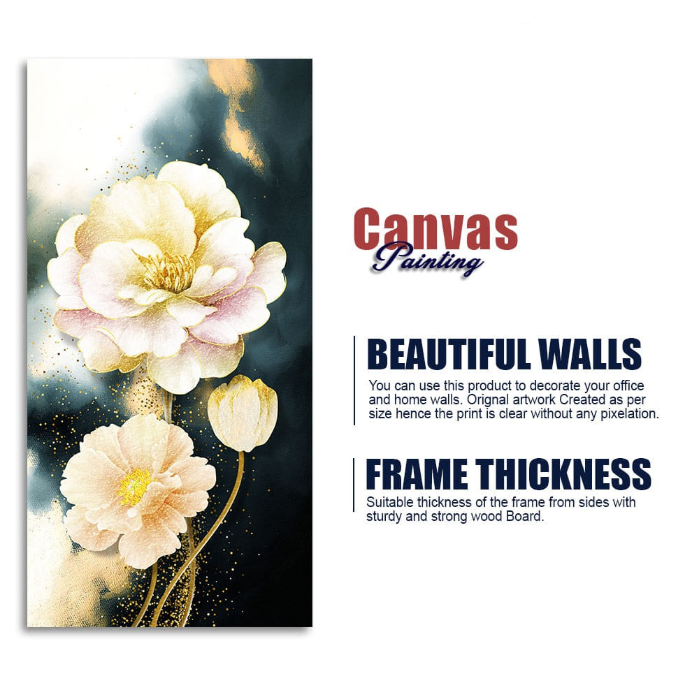 Golden Particles with White Flower Premium Canvas Wall Painting