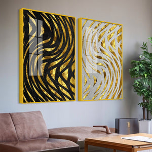 Golden Patterns Acrylic Floating Wall Painting Set of 2