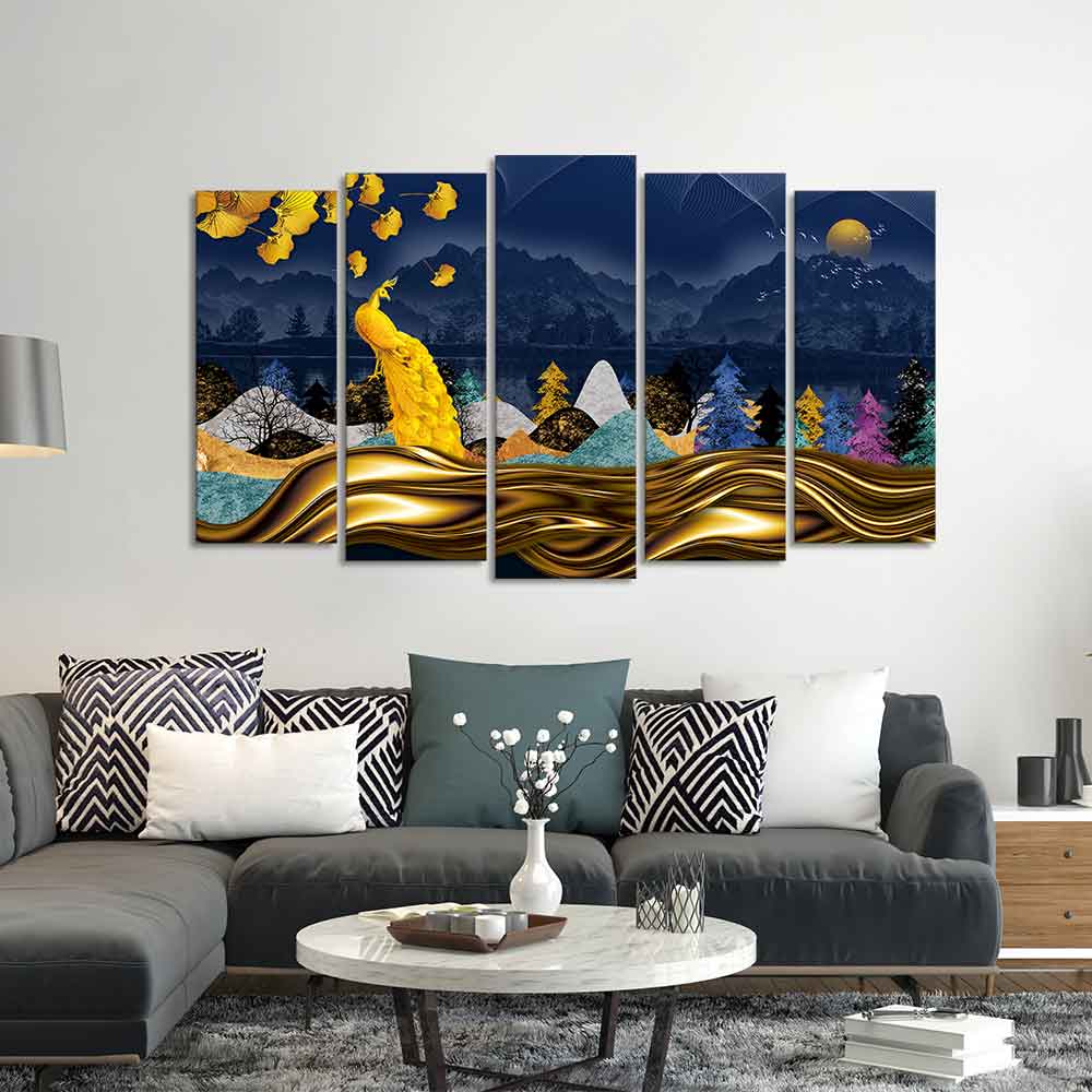 Golden Peacock in Dark Forest Premium Wall Painting Set of 5 Pieces