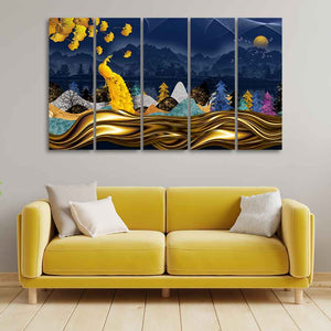 Golden Peacock in Forest Premium Wall Painting Set of Five