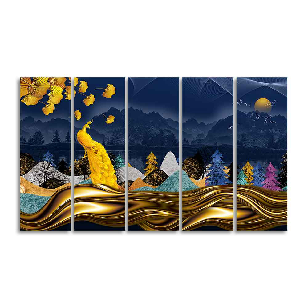 Golden Peacock in Forest Premium Wall Painting Set of Five