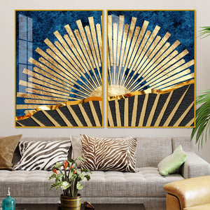 Golden Rising Sun Acrylic Floating Wall Painting Set of 2