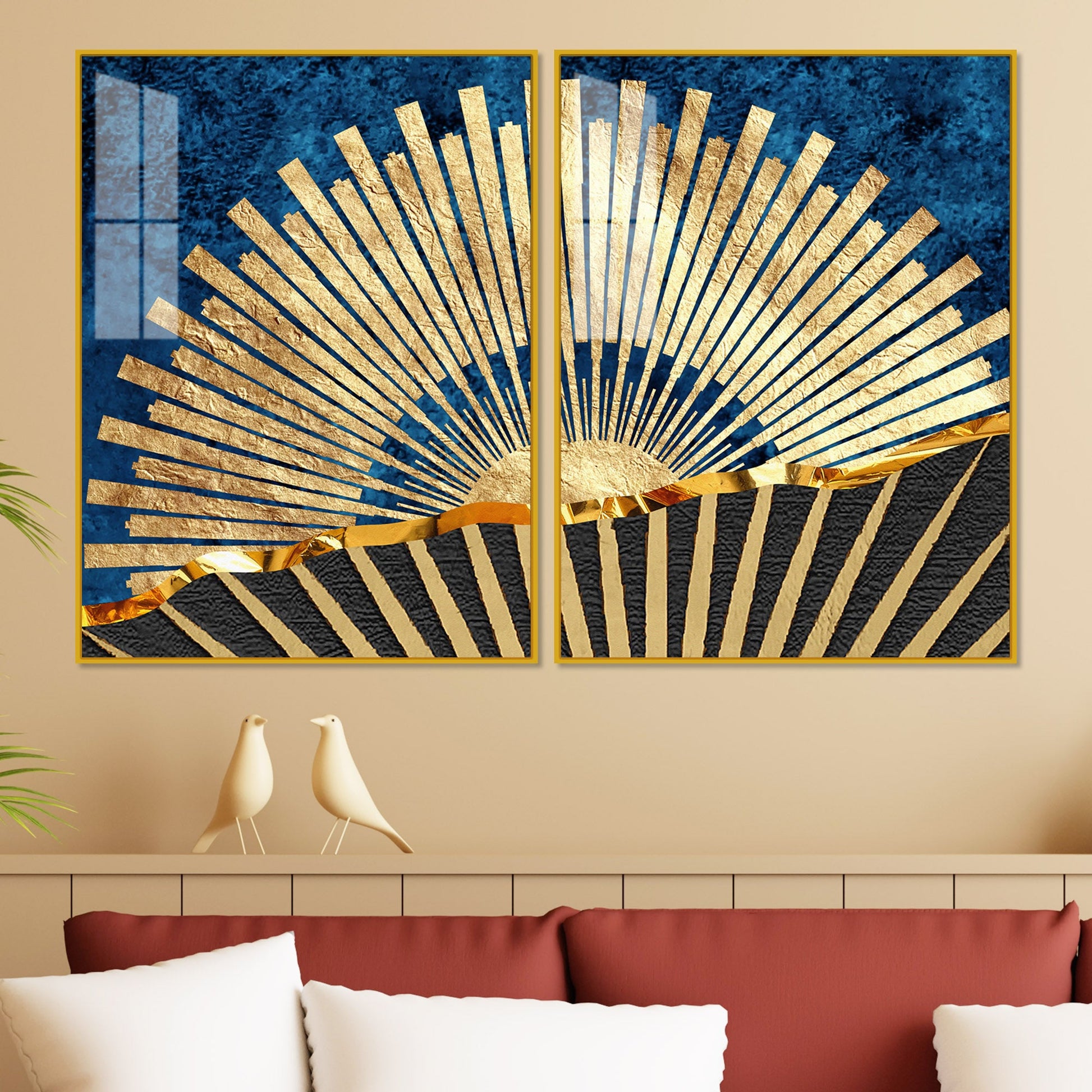 Golden Rising Sun Acrylic Floating Wall Painting Set of 2