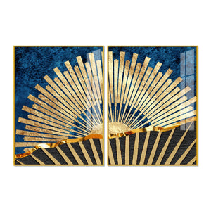 Golden Rising Sun Acrylic Floating Wall Painting Set of 2