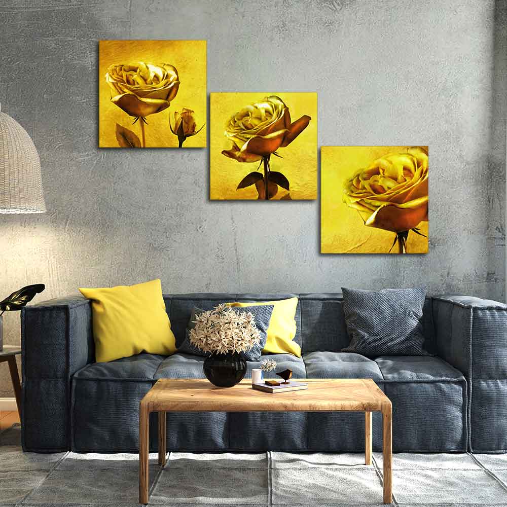 Golden Roses 3 Pieces Canvas Wall Painting