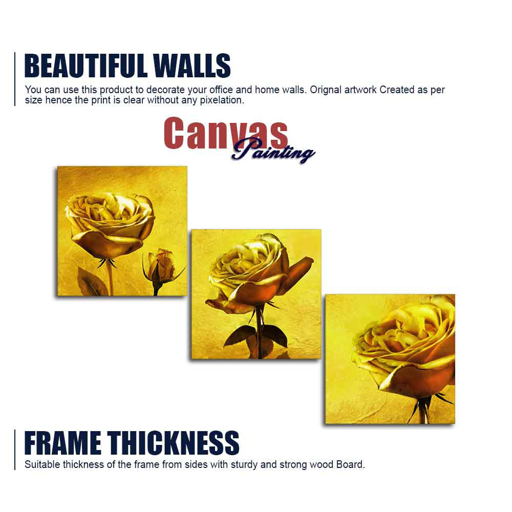 Golden Roses 3 Pieces Canvas Wall Painting