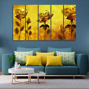 Golden Roses Five Pieces Canvas Wall Painting