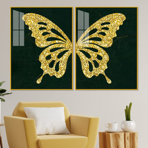 Golden Sparkling Butterfly Acrylic Floating Wall Painting Set of 2