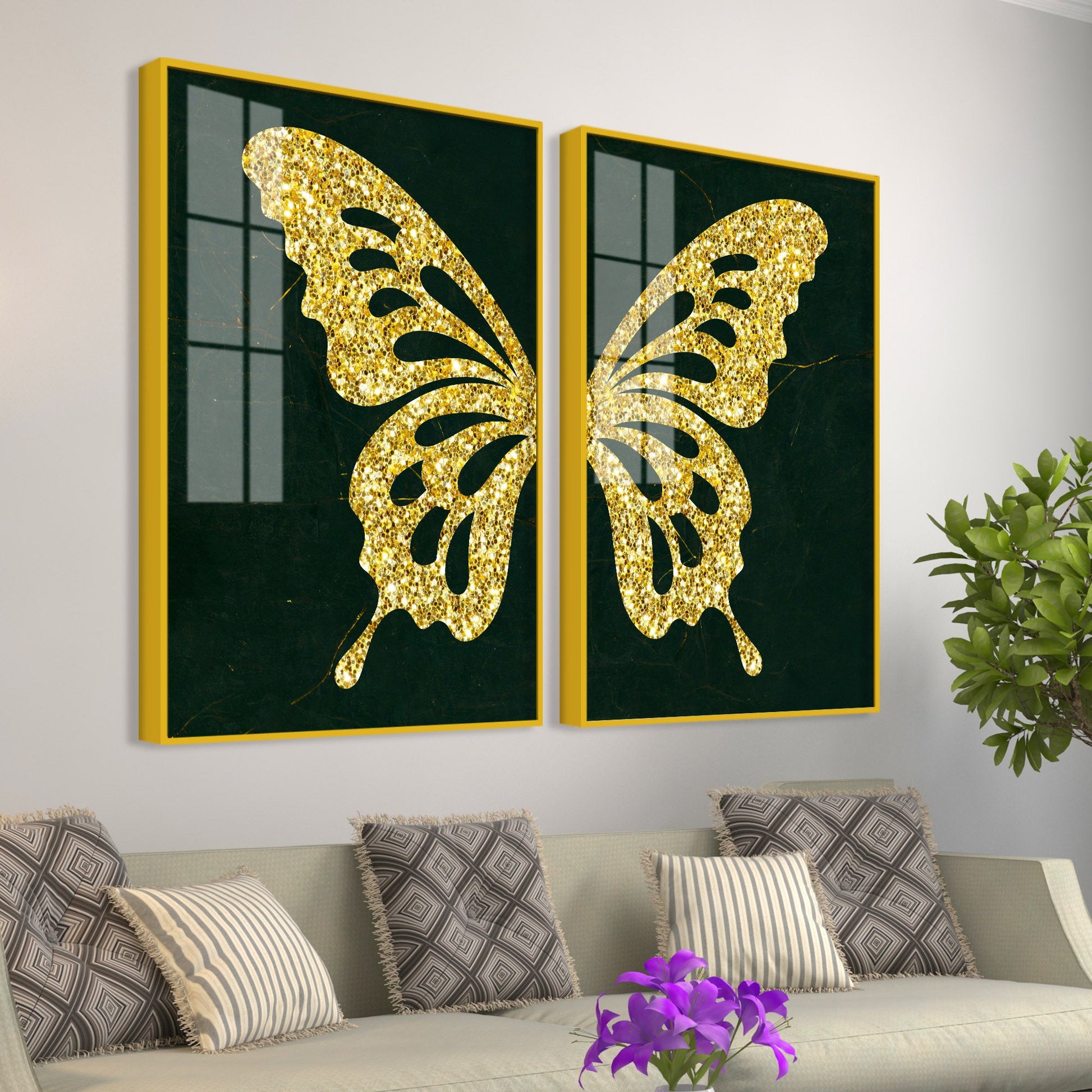 Golden Sparkling Butterfly Acrylic Floating Wall Painting Set of 2