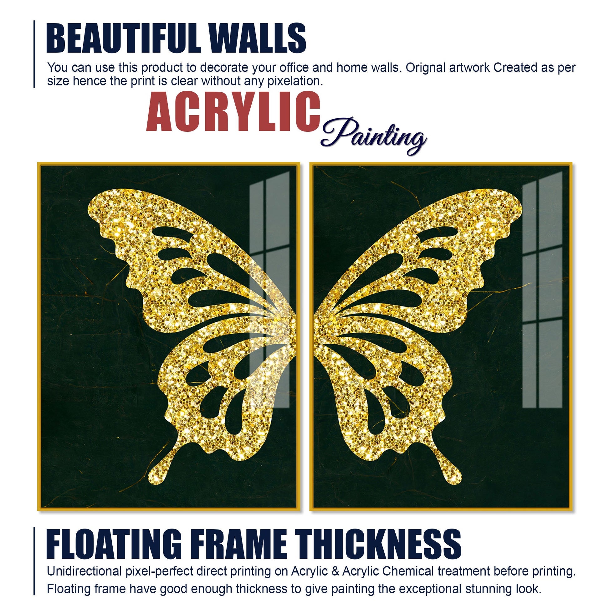 Golden Sparkling Butterfly Acrylic Floating Wall Painting Set of 2