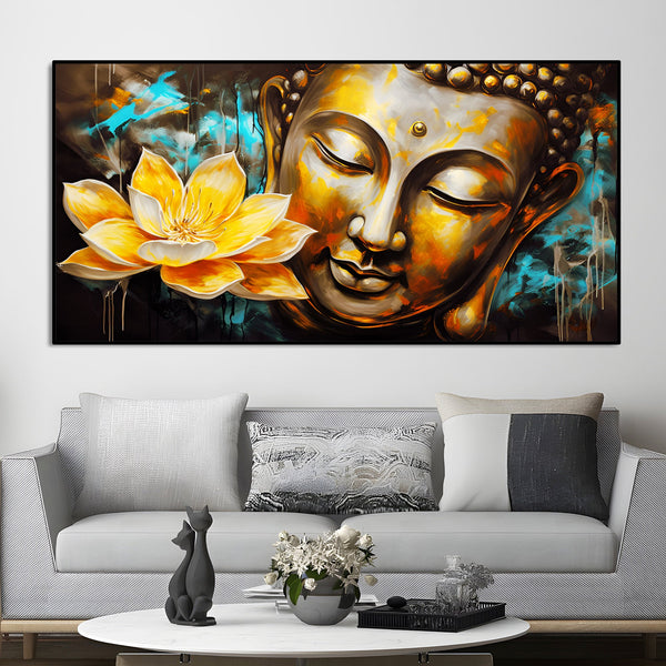 Golden Statue of Buddha with Lotus Flowers Canvas Wall Painting