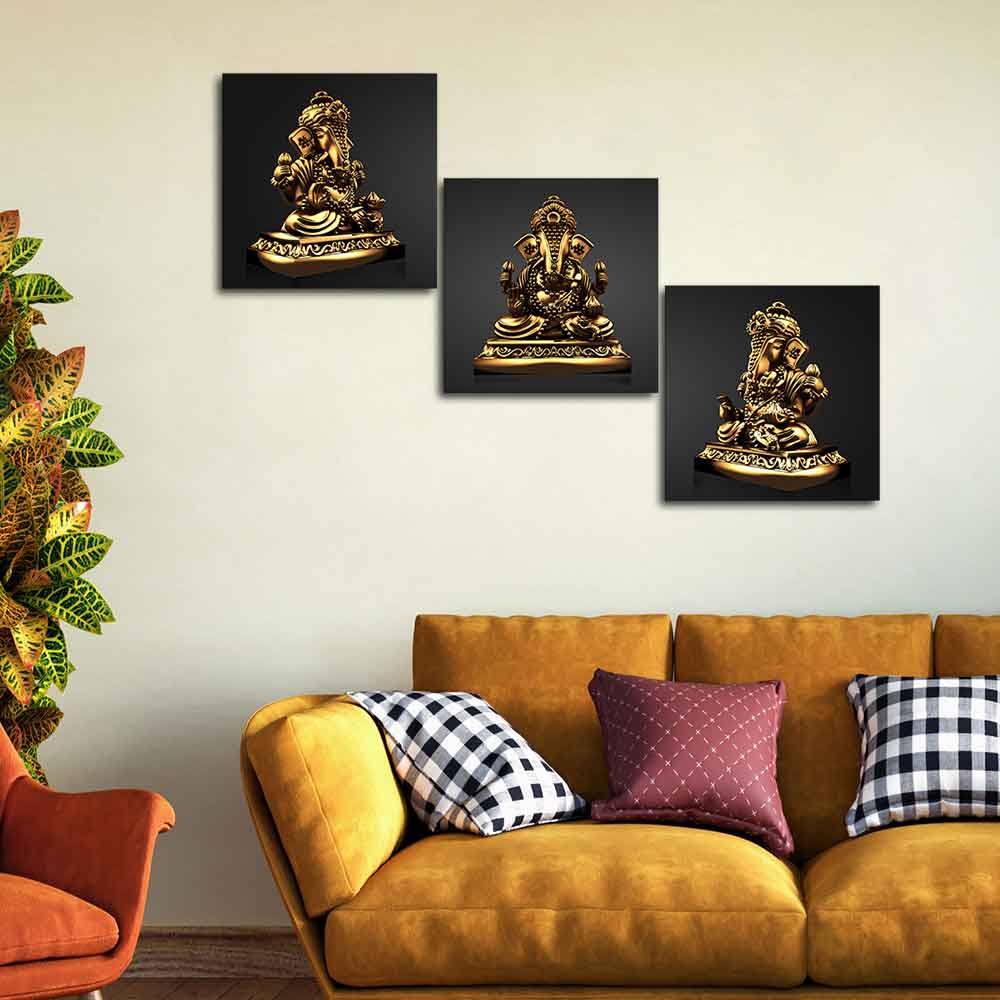 Golden Statue of Lord Ganesha Canvas Wall Painting of 3 Pieces