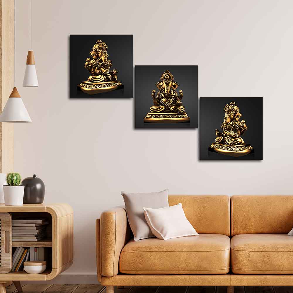 Golden Statue of Lord Ganesha Canvas Wall Painting of 3 Pieces