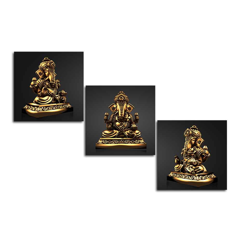 Golden Statue of Lord Ganesha Canvas Wall Painting of 3 Pieces