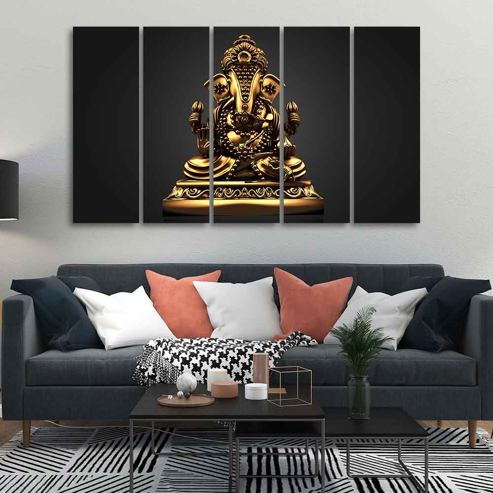 Golden Statue of Lord Ganesha Wall Painting of Five Pieces