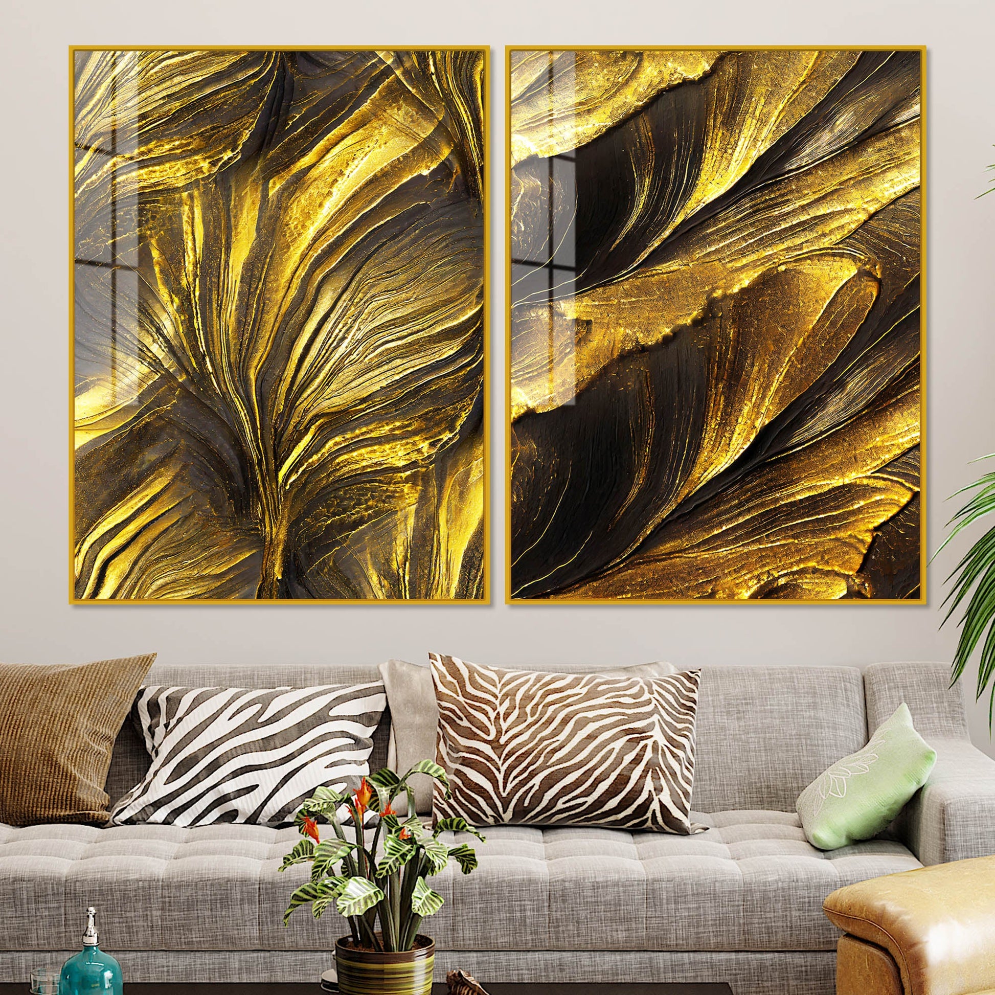 Golden Texture Acrylic Floating Wall Painting Set of 2