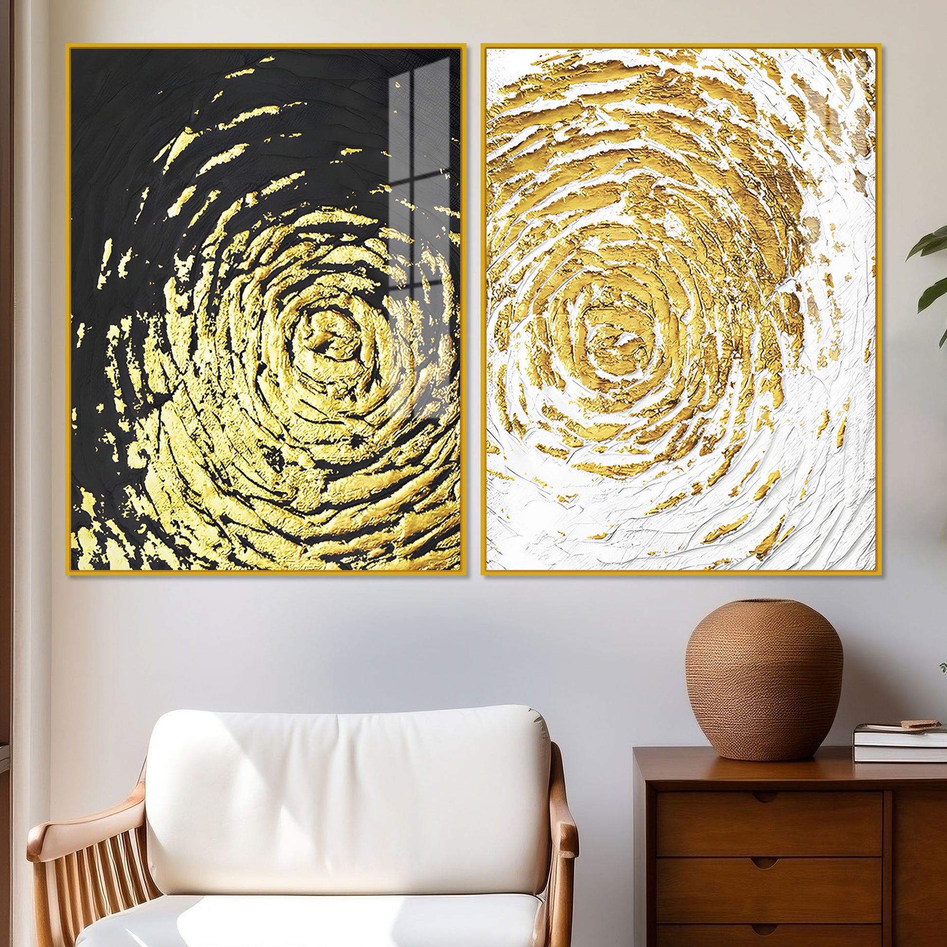 Golden Textured Acrylic Floating Wall Painting Set of 2