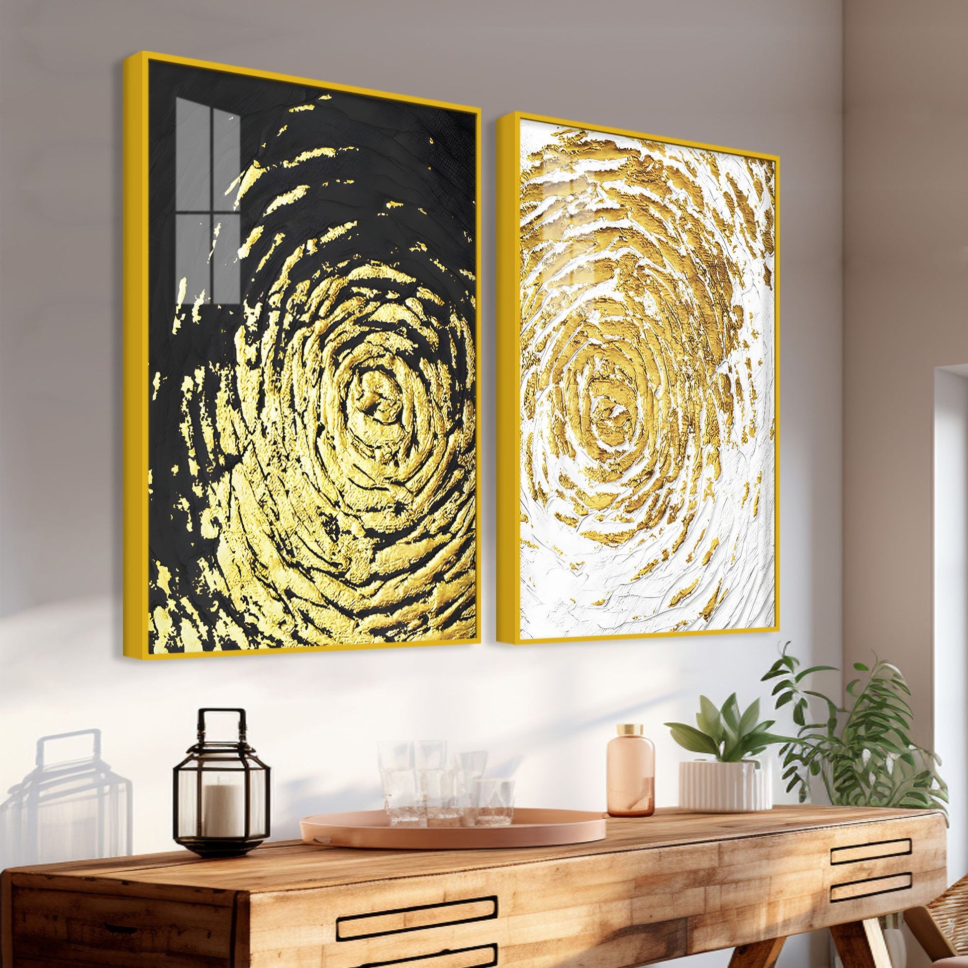 Golden Textured Acrylic Floating Wall Painting Set of 2