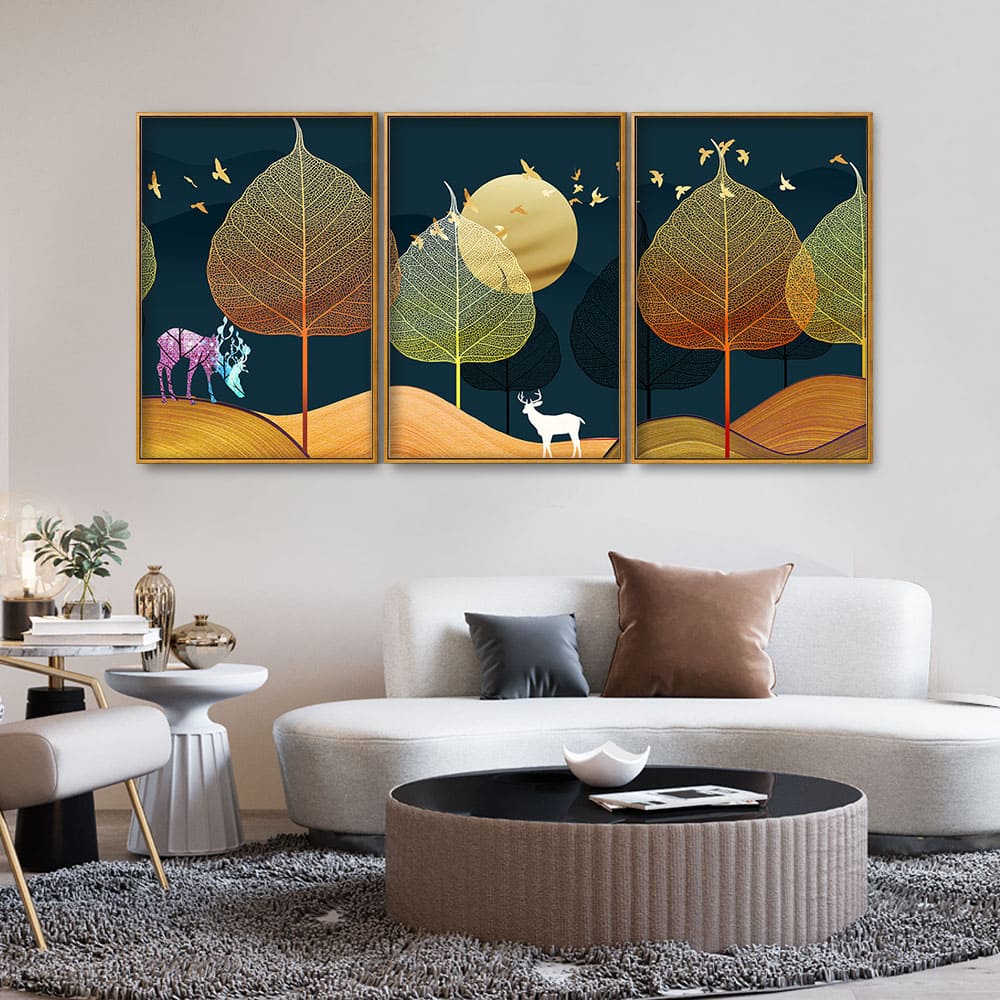 Golden Textured Leaves Floating Canvas Wall Painting Set of Three