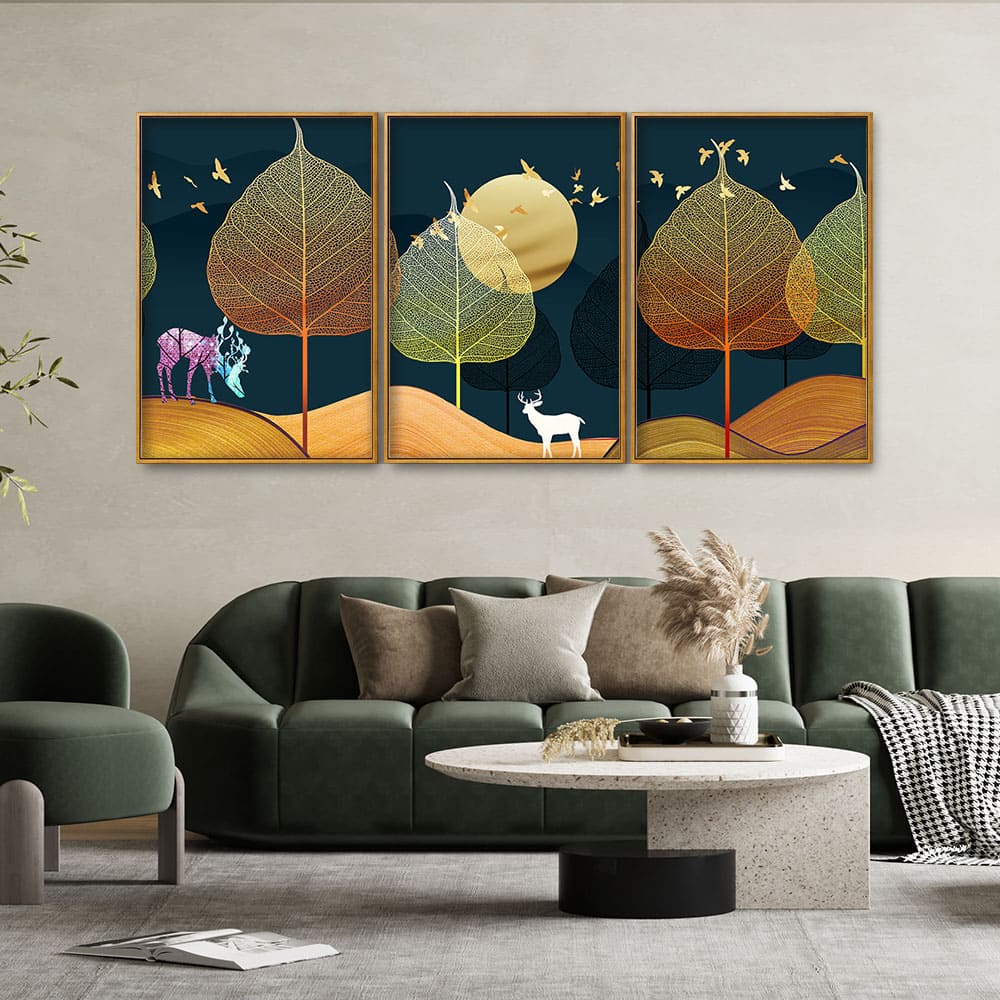 Golden Textured Leaves Floating Canvas Wall Painting Set of Three