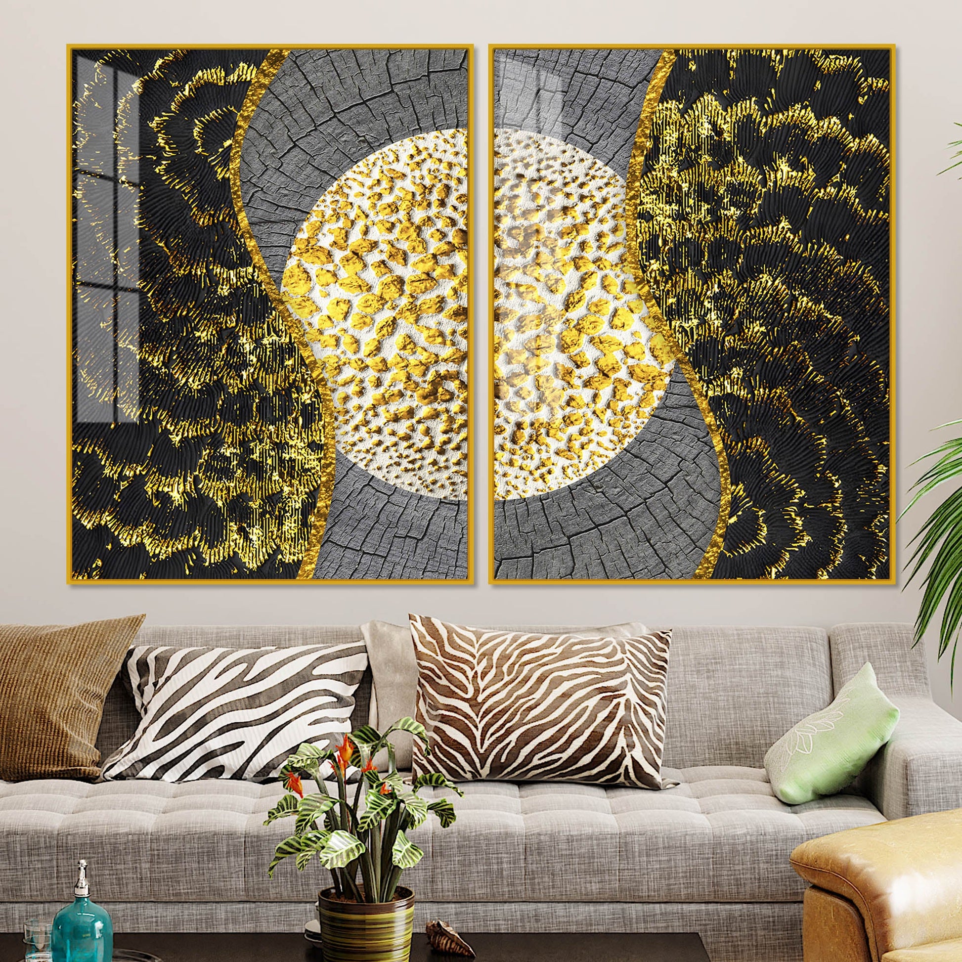 Golden Textured Pattern Acrylic Floating Wall Painting Set of 2