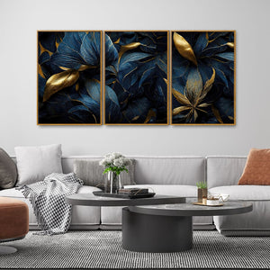 Golden Textured Tropical leaves Floating Canvas Wall Painting Set of Three