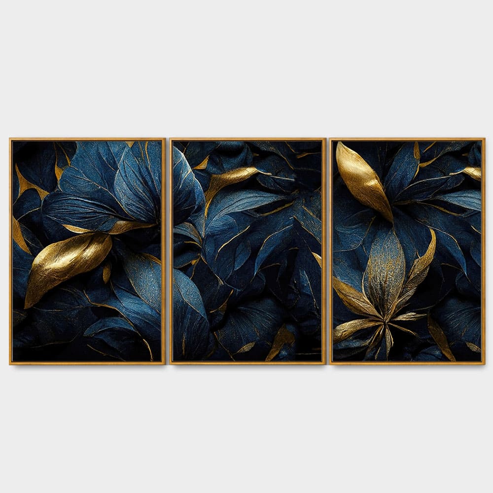 Golden Textured Tropical leaves Floating Canvas Wall Painting Set of Three