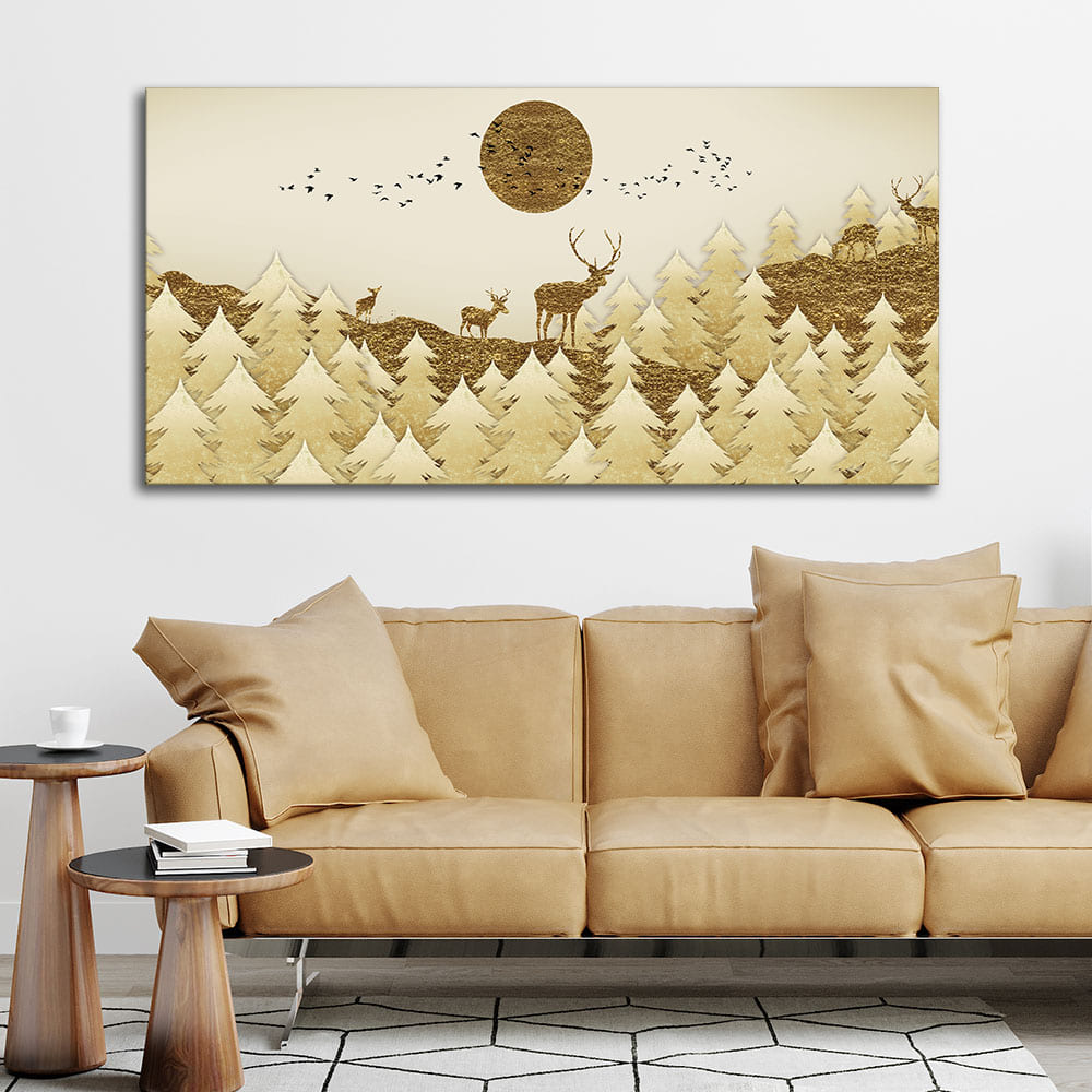 Golden Tree with Deer Premium Canvas Wall Painting