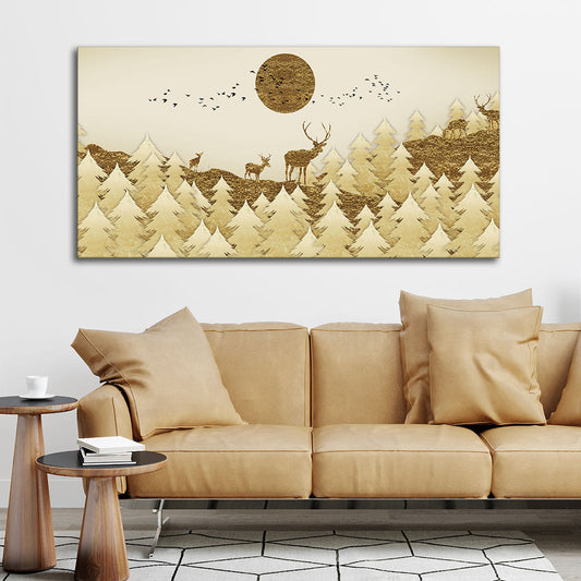 Golden Tree with Deer Premium Canvas Wall Painting