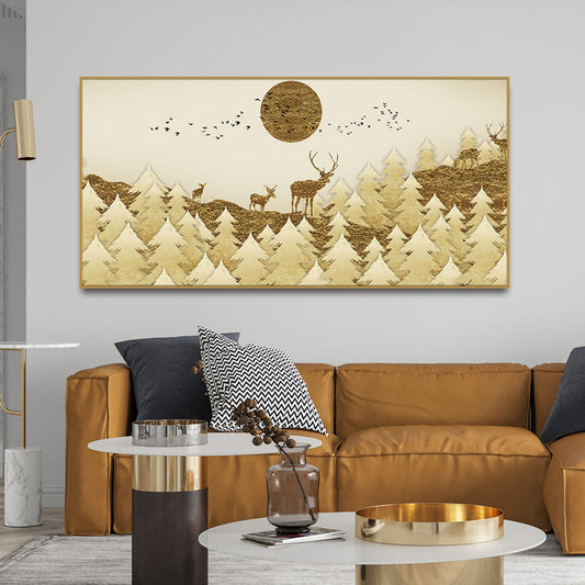 Golden Tree with Deer Premium Canvas Wall Painting