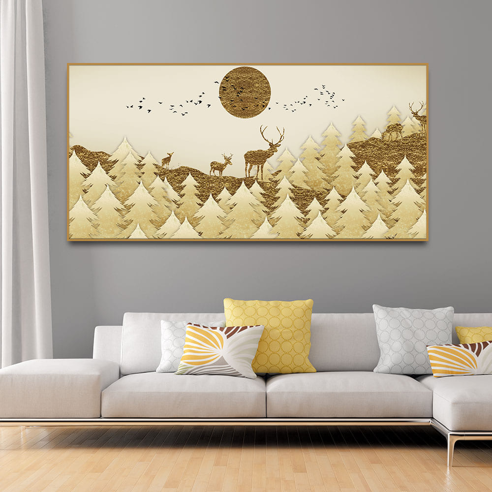 Golden Tree with Deer Premium Canvas Wall Painting