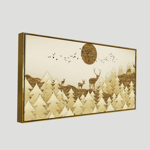 Golden Tree with Deer Premium Canvas Wall Painting