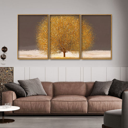 Golden Tree with Elements of gold textures Floating Canvas Wall Painting Set of Three