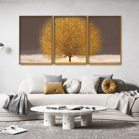 Golden Tree with Elements of gold textures Floating Canvas Wall Painting Set of Three