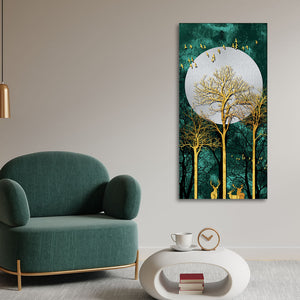 Golden Tree with Moon and Flying Birds Premium Canvas Wall Painting