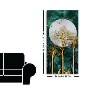 Golden Tree with Moon and Flying Birds Premium Canvas Wall Painting