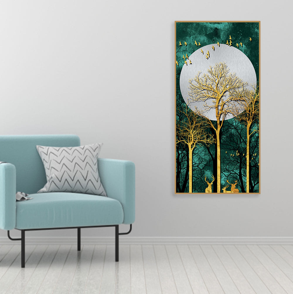 Golden Tree with Moon and Flying Birds Premium Canvas Wall Painting