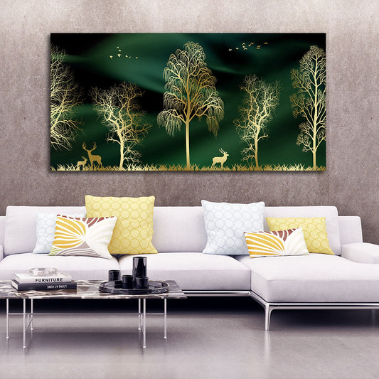 Golden Trees and Deer Modern Art Premium Wall Painting