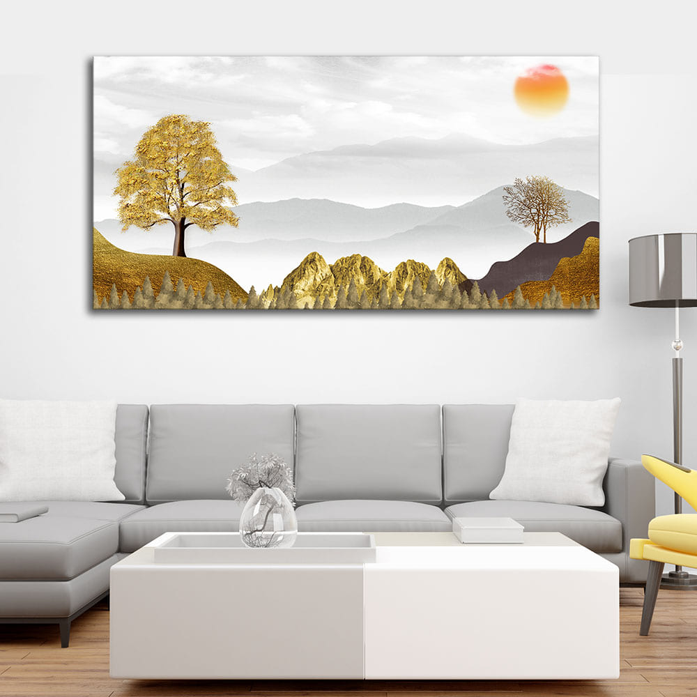 Golden Trees with Beautiful Sunrise Premium Canvas Wall Painting